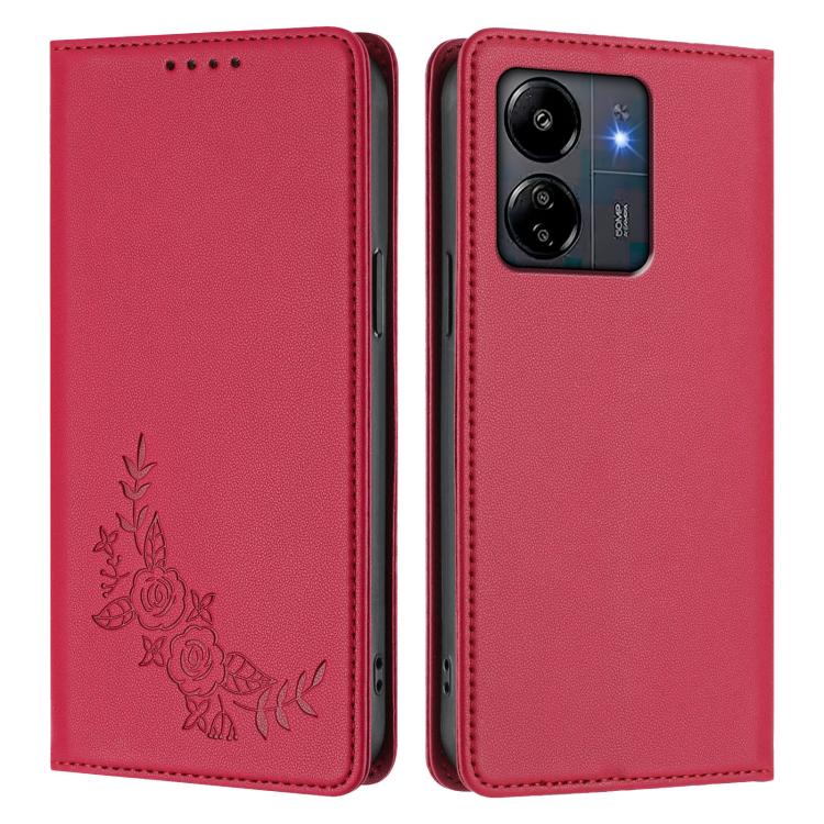 For Redmi 13C 4G / 5G / Poco C65 Peony Embossed Magnetic RFID Vegan Leather Phone Case