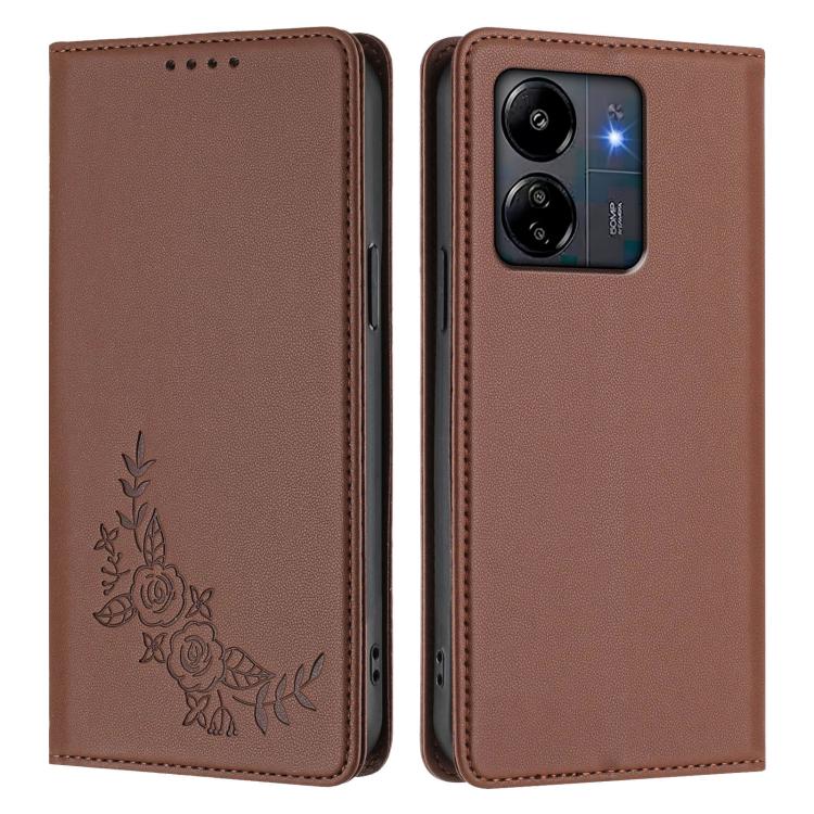For Redmi 13C 4G / 5G / Poco C65 Peony Embossed Magnetic RFID Vegan Leather Phone Case