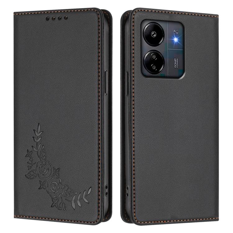 For Redmi 13C 4G / 5G / Poco C65 Peony Embossed Magnetic RFID Vegan Leather Phone Case