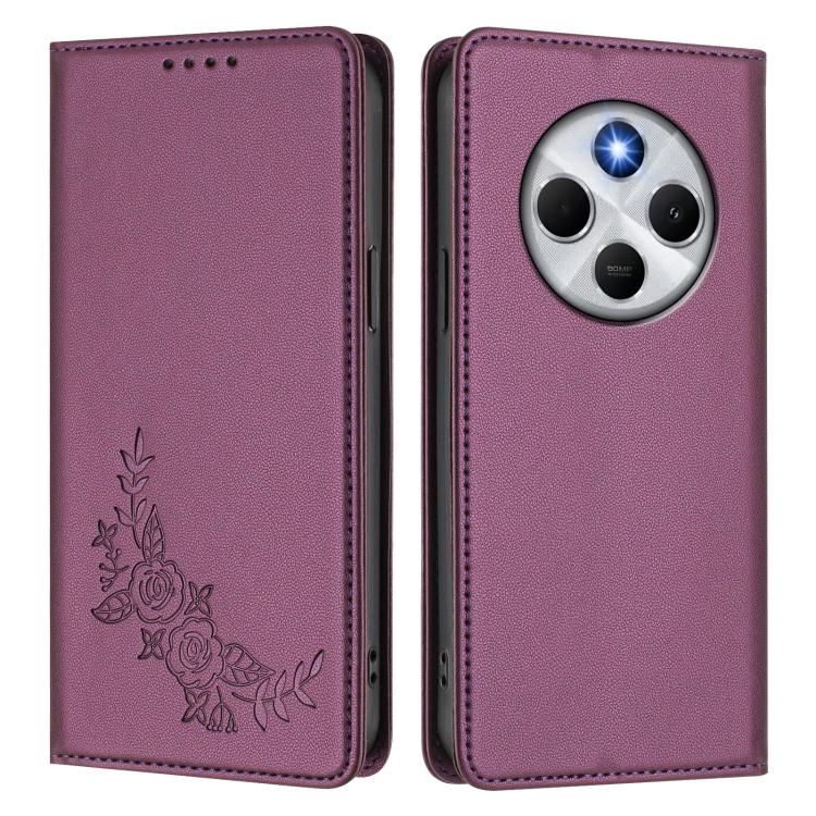 For Redmi 14C 4G / A4 5G / Poco C75 4G Peony Embossed Magnetic RFID Vegan Leather Phone Case
