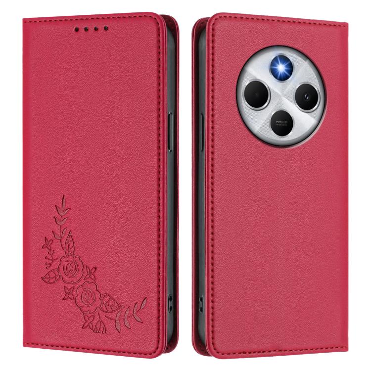 For Redmi 14C 4G / A4 5G / Poco C75 4G Peony Embossed Magnetic RFID Vegan Leather Phone Case