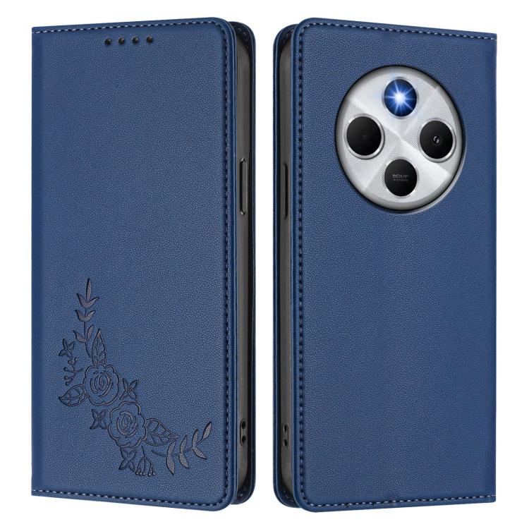 For Redmi 14C 4G / A4 5G / Poco C75 4G Peony Embossed Magnetic RFID Vegan Leather Phone Case
