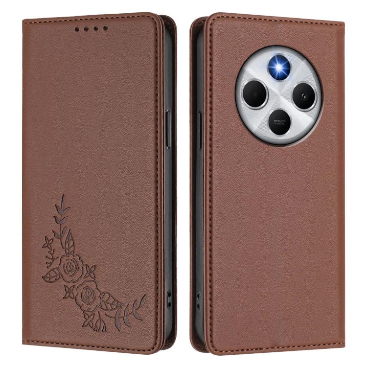 For Redmi 14C 4G / A4 5G / Poco C75 4G Peony Embossed Magnetic RFID Vegan Leather Phone Case