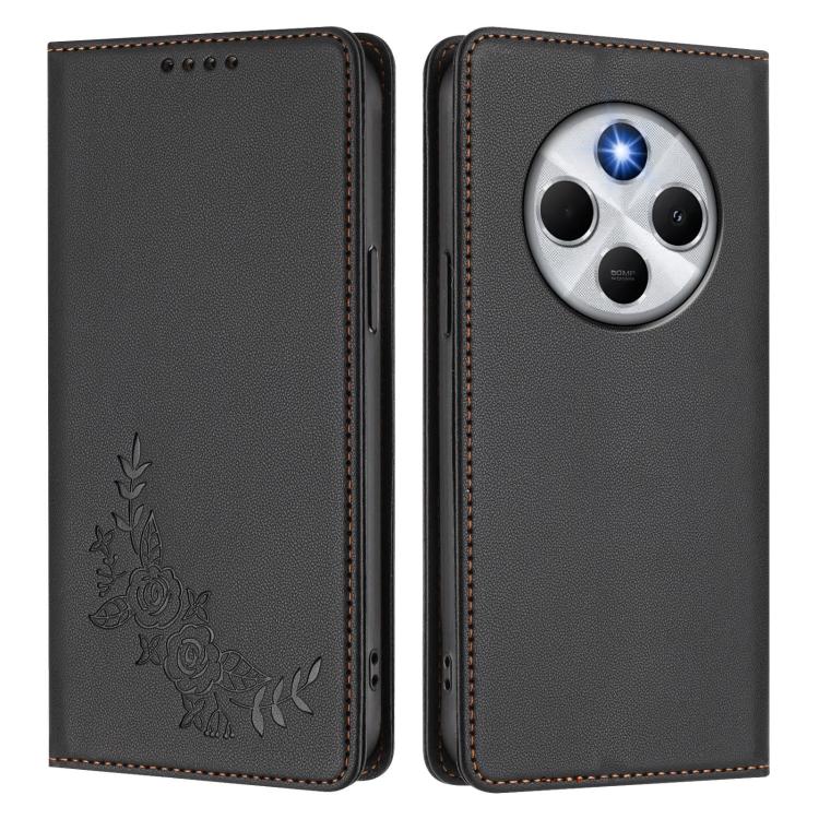 For Redmi 14C 4G / A4 5G / Poco C75 4G Peony Embossed Magnetic RFID Vegan Leather Phone Case