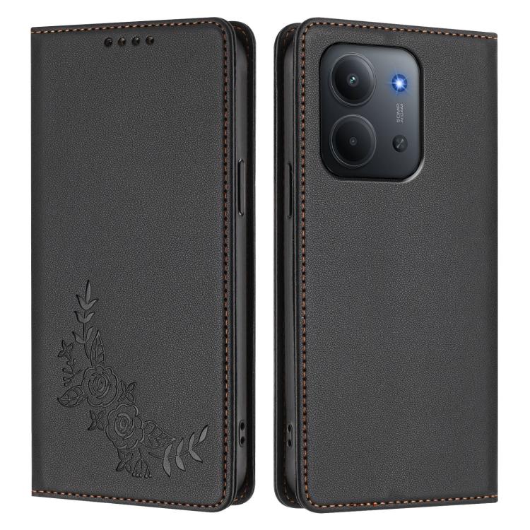 For Redmi 15C 5G / 4G Global 171mm / Poco C85 4G Peony Embossed Magnetic RFID Vegan Leather Phone Case