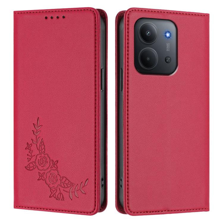 For Redmi 15C 5G / 4G EU 173mm / Poco C85 5G Peony Embossed Magnetic RFID Vegan Leather Phone Case