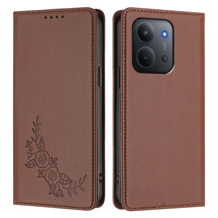 For Redmi 15C 5G / 4G EU 173mm / Poco C85 5G Peony Embossed Magnetic RFID Vegan Leather Phone Case