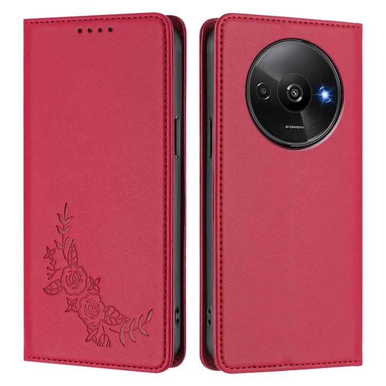 For Redmi A3 / A3x / Poco C61 Peony Embossed Magnetic RFID Vegan Leather Phone Case