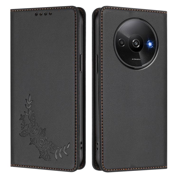For Redmi A3 / A3x / Poco C61 Peony Embossed Magnetic RFID Vegan Leather Phone Case