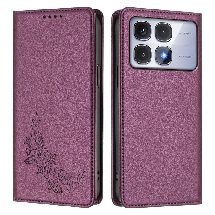 For Redmi K70 Ultra Peony Embossed Magnetic RFID Vegan Leather Phone Case