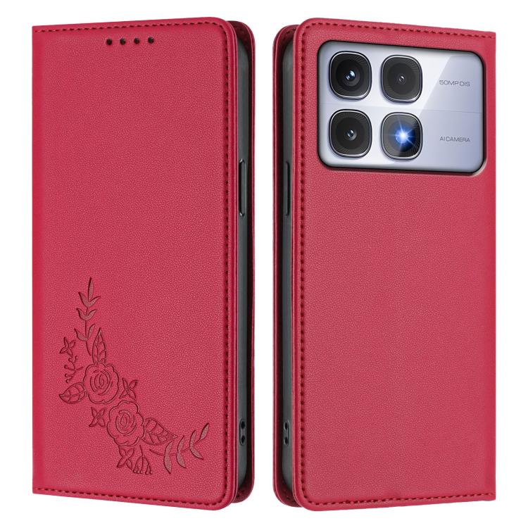 For Redmi K70 Ultra Peony Embossed Magnetic RFID Vegan Leather Phone Case