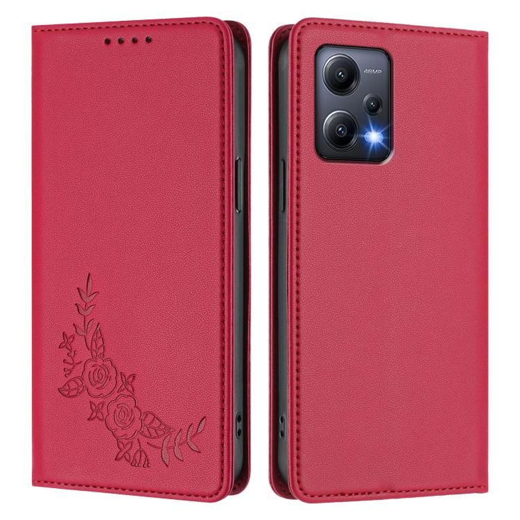 For Redmi Note 12 5G / Poco X5 Peony Embossed Magnetic RFID Vegan Leather Phone Case