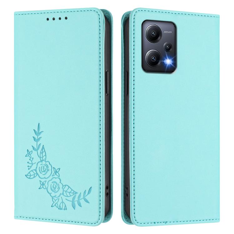 For Redmi Note 12 5G / Poco X5 Peony Embossed Magnetic RFID Vegan Leather Phone Case