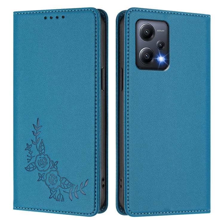 For Redmi Note 12 5G / Poco X5 Peony Embossed Magnetic RFID Vegan Leather Phone Case