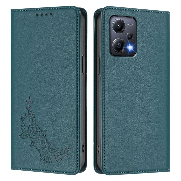 For Redmi Note 12 5G / Poco X5 Peony Embossed Magnetic RFID Vegan Leather Phone Case