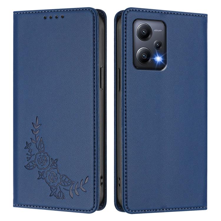 For Redmi Note 12 5G / Poco X5 Peony Embossed Magnetic RFID Vegan Leather Phone Case