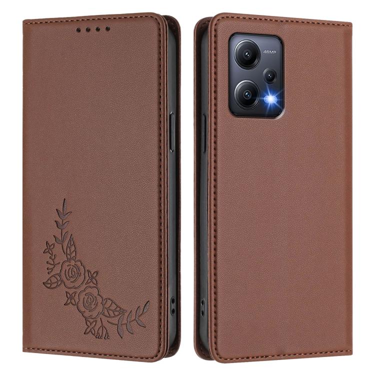 For Redmi Note 12 5G / Poco X5 Peony Embossed Magnetic RFID Vegan Leather Phone Case