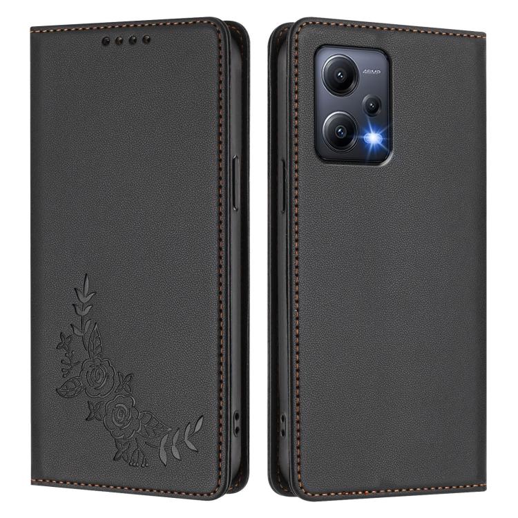 For Redmi Note 12 5G / Poco X5 Peony Embossed Magnetic RFID Vegan Leather Phone Case