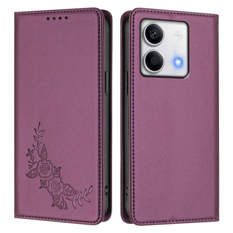For Redmi Note 13 5G Global Peony Embossed Magnetic RFID Vegan Leather Phone Case