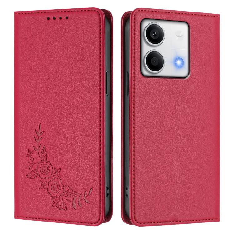 For Redmi Note 13 5G Global Peony Embossed Magnetic RFID Vegan Leather Phone Case