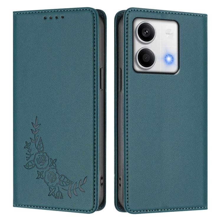 For Redmi Note 13 5G Global Peony Embossed Magnetic RFID Vegan Leather Phone Case