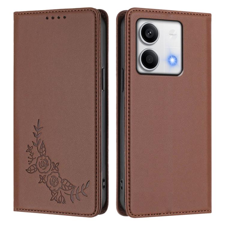 For Redmi Note 13 5G Global Peony Embossed Magnetic RFID Vegan Leather Phone Case