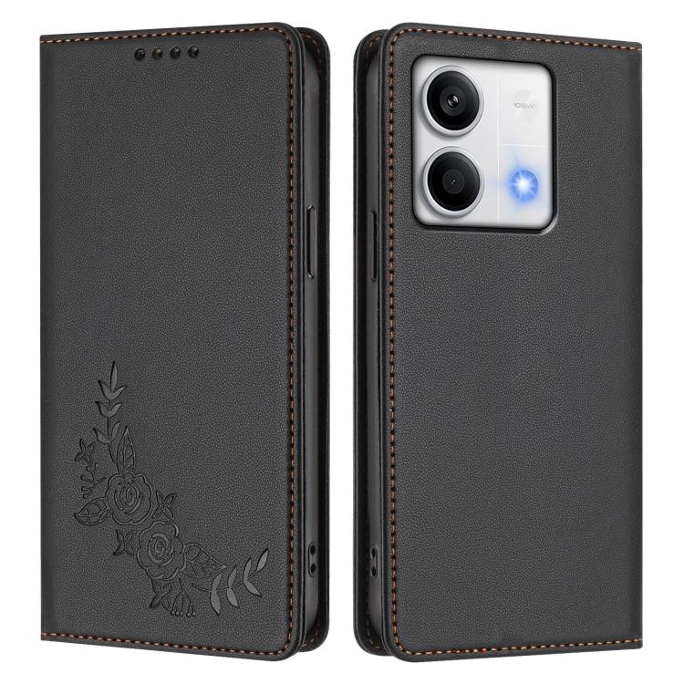 For Redmi Note 13 5G Global Peony Embossed Magnetic RFID Vegan Leather Phone Case