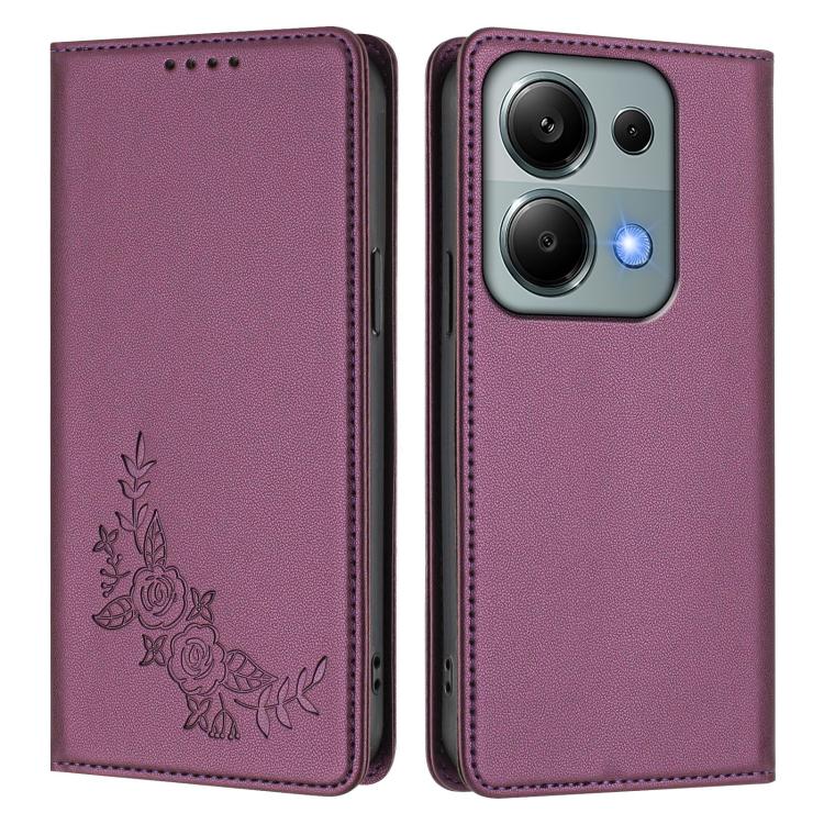 For Redmi Note 14S 4G / Note 13 Pro 4G Peony Embossed Magnetic RFID Vegan Leather Phone Case