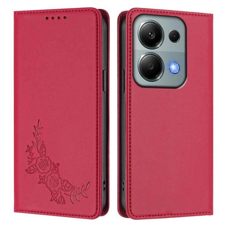 For Redmi Note 14S 4G / Note 13 Pro 4G Peony Embossed Magnetic RFID Vegan Leather Phone Case
