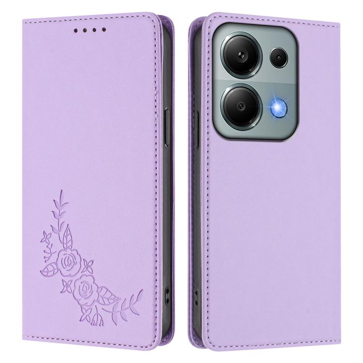 For Redmi Note 14S 4G / Note 13 Pro 4G Peony Embossed Magnetic RFID Vegan Leather Phone Case