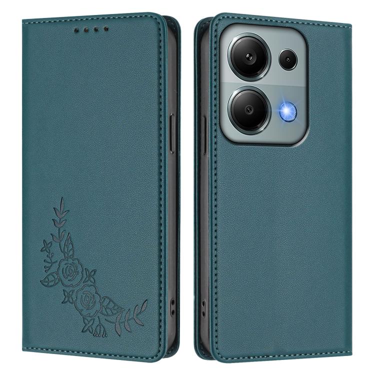 For Redmi Note 14S 4G / Note 13 Pro 4G Peony Embossed Magnetic RFID Vegan Leather Phone Case