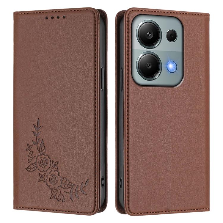 For Redmi Note 14S 4G / Note 13 Pro 4G Peony Embossed Magnetic RFID Vegan Leather Phone Case