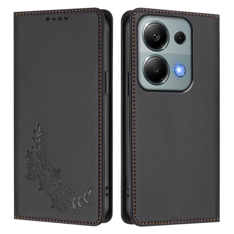 For Redmi Note 14S 4G / Note 13 Pro 4G Peony Embossed Magnetic RFID Vegan Leather Phone Case