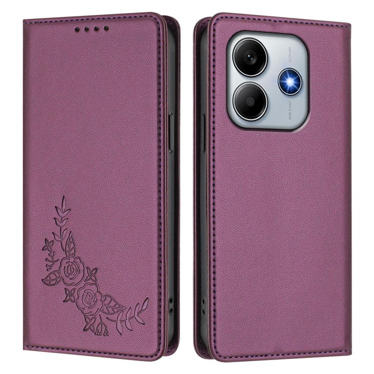 For Redmi Note 14 4G 163.25mm Peony Embossed Magnetic RFID Vegan Leather Phone Case