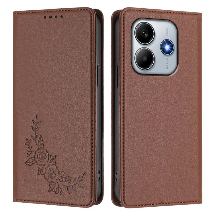 For Redmi Note 14 4G 163.25mm Peony Embossed Magnetic RFID Vegan Leather Phone Case