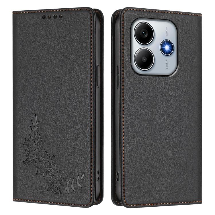 For Redmi Note 14 4G 164.84mm Peony Embossed Magnetic RFID Vegan Leather Phone Case