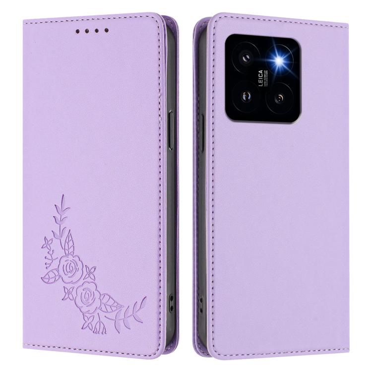 For Xiaomi 14 Pro Peony Embossed Magnetic RFID Vegan Leather Phone Case