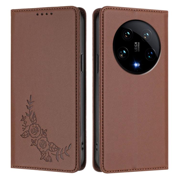 For Xiaomi 14 Ultra Peony Embossed Magnetic RFID Vegan Leather Phone Case