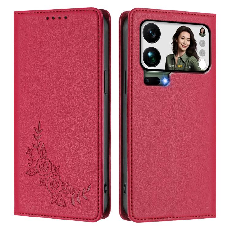 For Xiaomi 17 Pro Max Peony Embossed Magnetic RFID Vegan Leather Phone Case