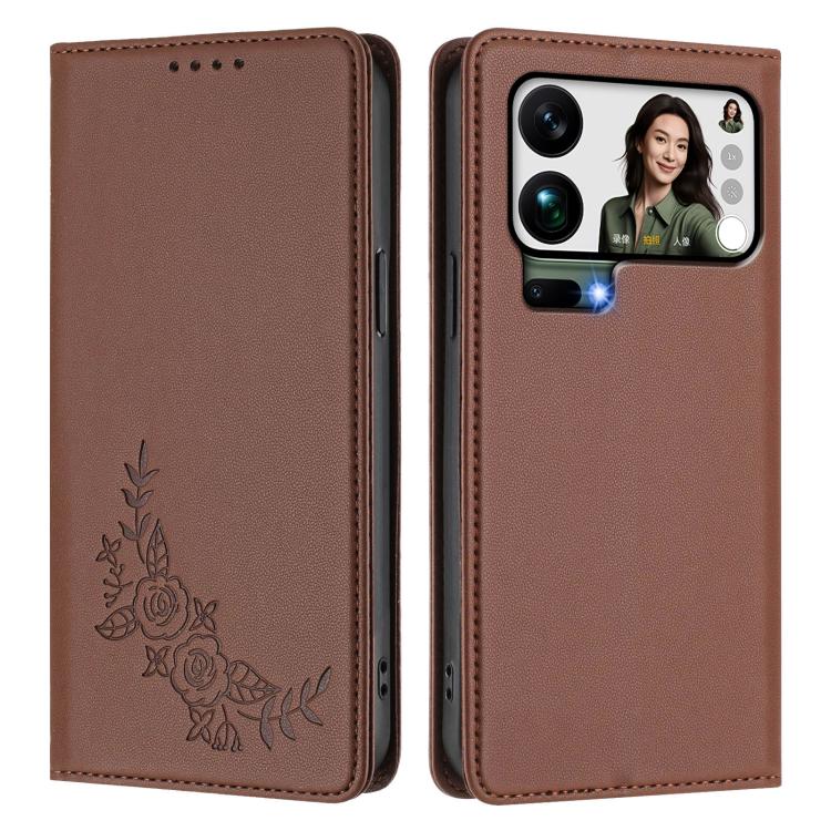 For Xiaomi 17 Pro Max Peony Embossed Magnetic RFID Vegan Leather Phone Case
