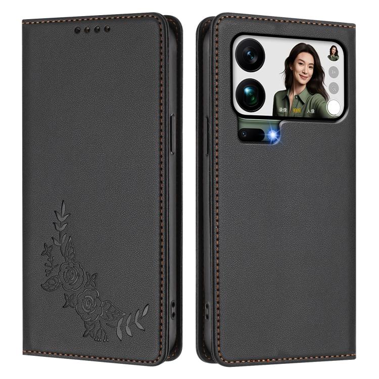 For Xiaomi 17 Pro Max Peony Embossed Magnetic RFID Vegan Leather Phone Case