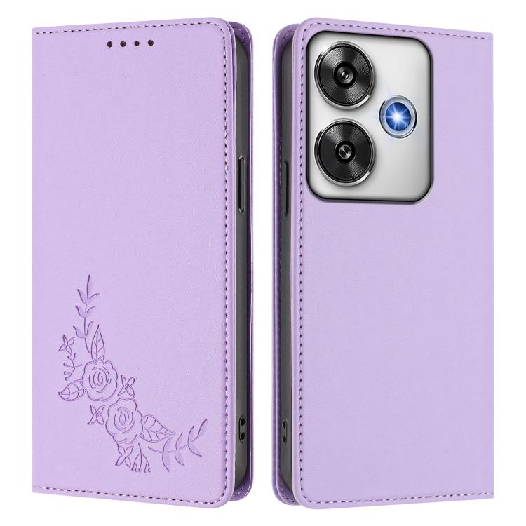 For Xiaomi Poco F6 / Redmi Turbo 3 Peony Embossed Magnetic RFID Vegan Leather Phone Case
