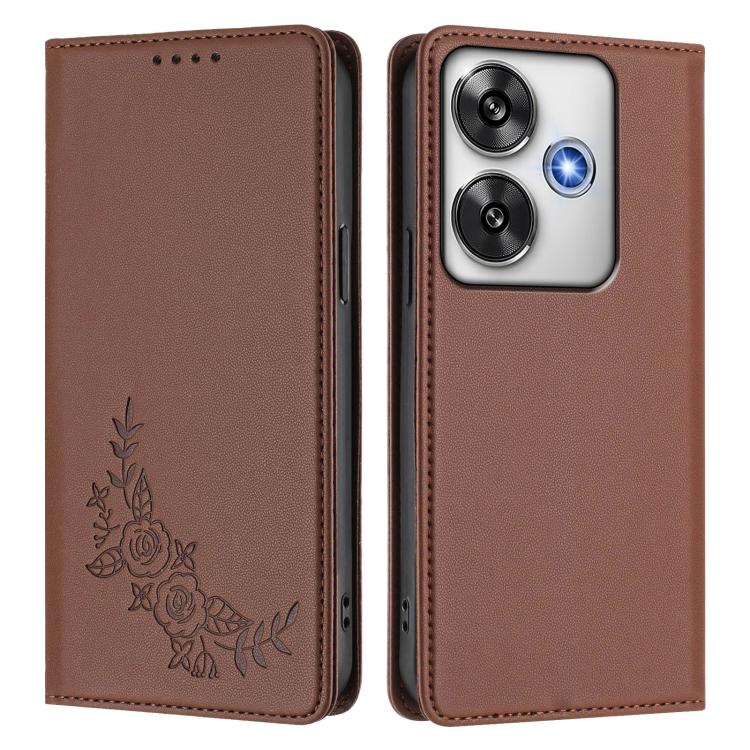 For Xiaomi Poco F6 / Redmi Turbo 3 Peony Embossed Magnetic RFID Vegan Leather Phone Case