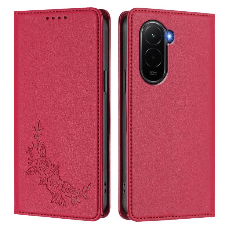 For Xiaomi Poco M7 4G 169mm Peony Embossed Magnetic RFID Vegan Leather Phone Case
