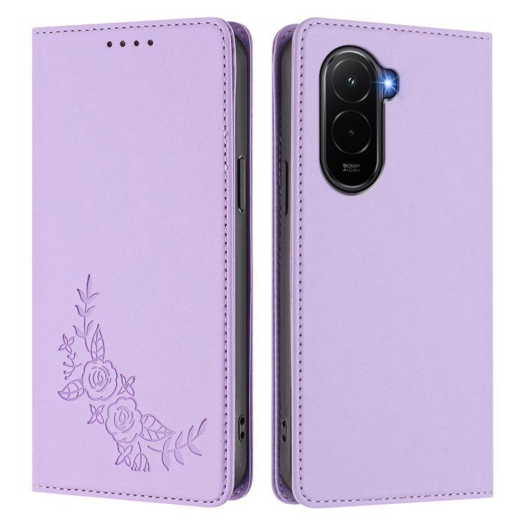 For Xiaomi Poco M7 4G 169mm Peony Embossed Magnetic RFID Vegan Leather Phone Case