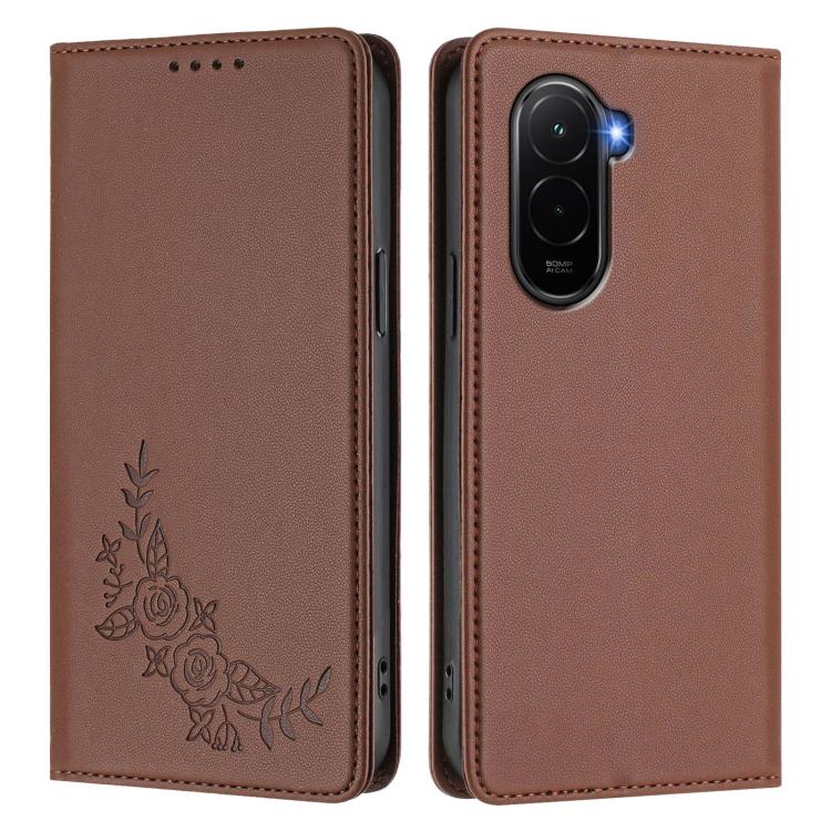 For Xiaomi Poco M7 4G 169mm Peony Embossed Magnetic RFID Vegan Leather Phone Case