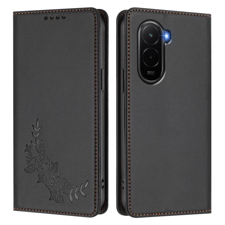 For Xiaomi Poco M7 4G 169mm Peony Embossed Magnetic RFID Vegan Leather Phone Case
