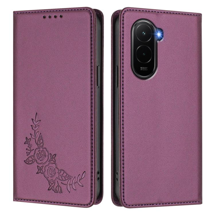 For Xiaomi Poco M7 4G 171mm Peony Embossed Magnetic RFID Vegan Leather Phone Case
