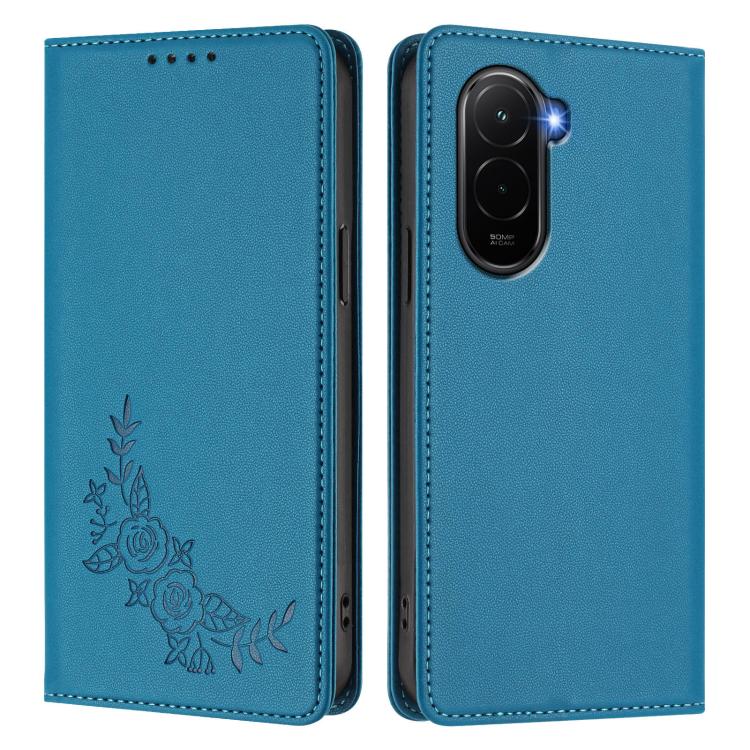 For Xiaomi Poco M7 4G 171mm Peony Embossed Magnetic RFID Vegan Leather Phone Case