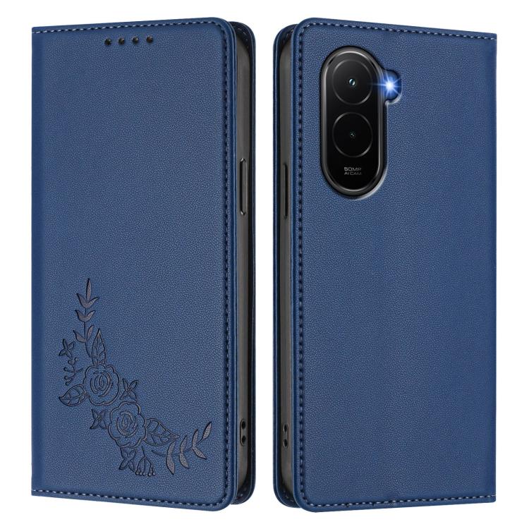 For Xiaomi Poco M7 4G 171mm Peony Embossed Magnetic RFID Vegan Leather Phone Case